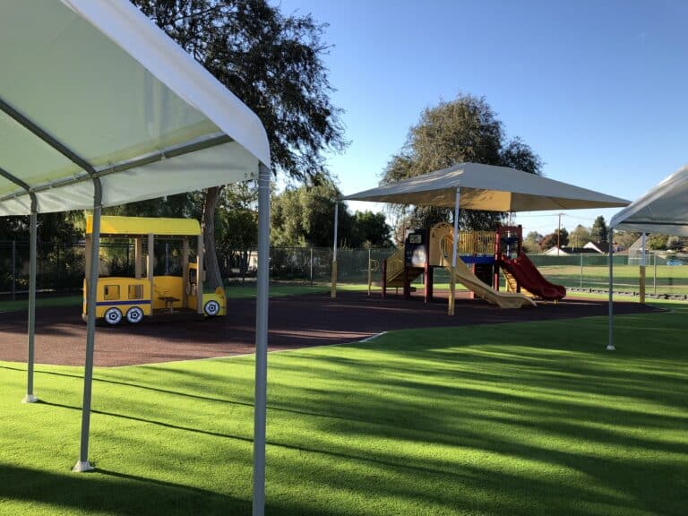 Synthetic turf play area with a shade structure and play equipment
